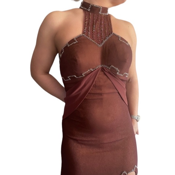 Jovani Gown with High Slit in Color Brown - Picture 5 of 5